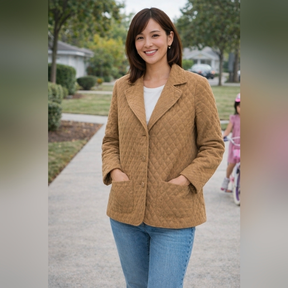 Laura Scott Quilted Brown Blazer Jacket Classic Lightweight Coat